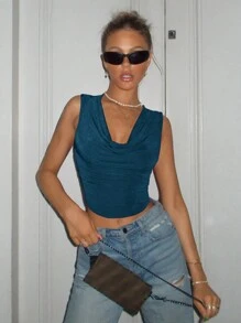 SHEIN ICON Elegant Solid Color Draped Neck Fitted Cropped Tank Top, Autumn - Blue - View 5