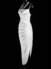 SHEIN ICON ICON Solid-Color Elegant Satin Ruched Contrast Lace Backless Slip Formal Prom Women Dresses - White - View 3
