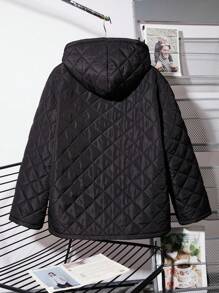 SHEIN 青少年男孩休闲立领格子加厚外套带口袋，厚实保暖日常风衣，适合秋冬季、户外和滑雪 - 黑色 - 查看 2