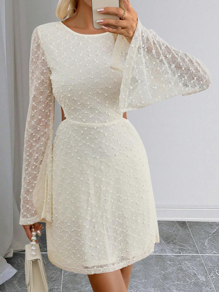 Chiquease 2024 Novo Vestido Elegante Feminino de Outono e Inverno com Recortes, Decote Nas Costas e Design de Amarração na Manga com Aberturas - Damasco - Visão 2