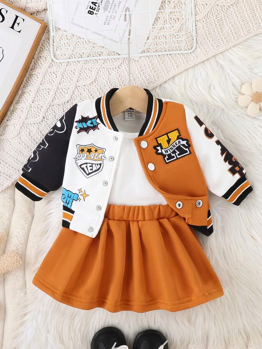 2 件套女婴休闲运动棒球夹克和百褶裙，春/秋 - 棕色 - 查看 1