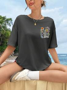 INAWLY 骷髅手和花卉印花落肩 T 恤图案 T 恤女式上衣 - 深灰色 - 查看 3