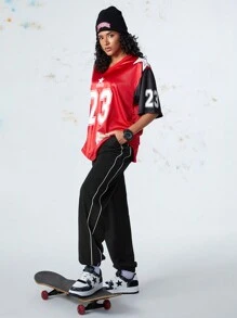 SHEIN Sports 女士撞色条纹前系带休闲运动裤 - 黑色 - 查看 12