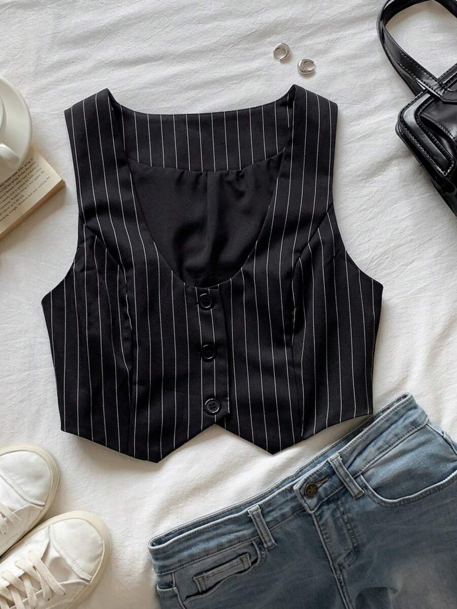 SHEIN EZwear 秋冬细条纹单排扣短款马甲（不含衬衫）