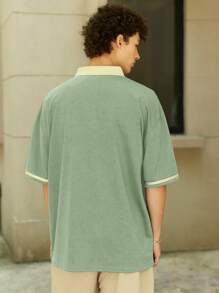 Aesthetic Post Áo thun polo cổ tròn họa tiết chữ tương phản rộng rãi cho nam - Màu xanh Bạc hà - Xem 2