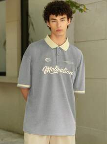 Aesthetic Post Áo thun polo cổ tròn in họa tiết chữ cho nam dáng rộng, mùa hè - Màu Xám nhạt - Xem 1