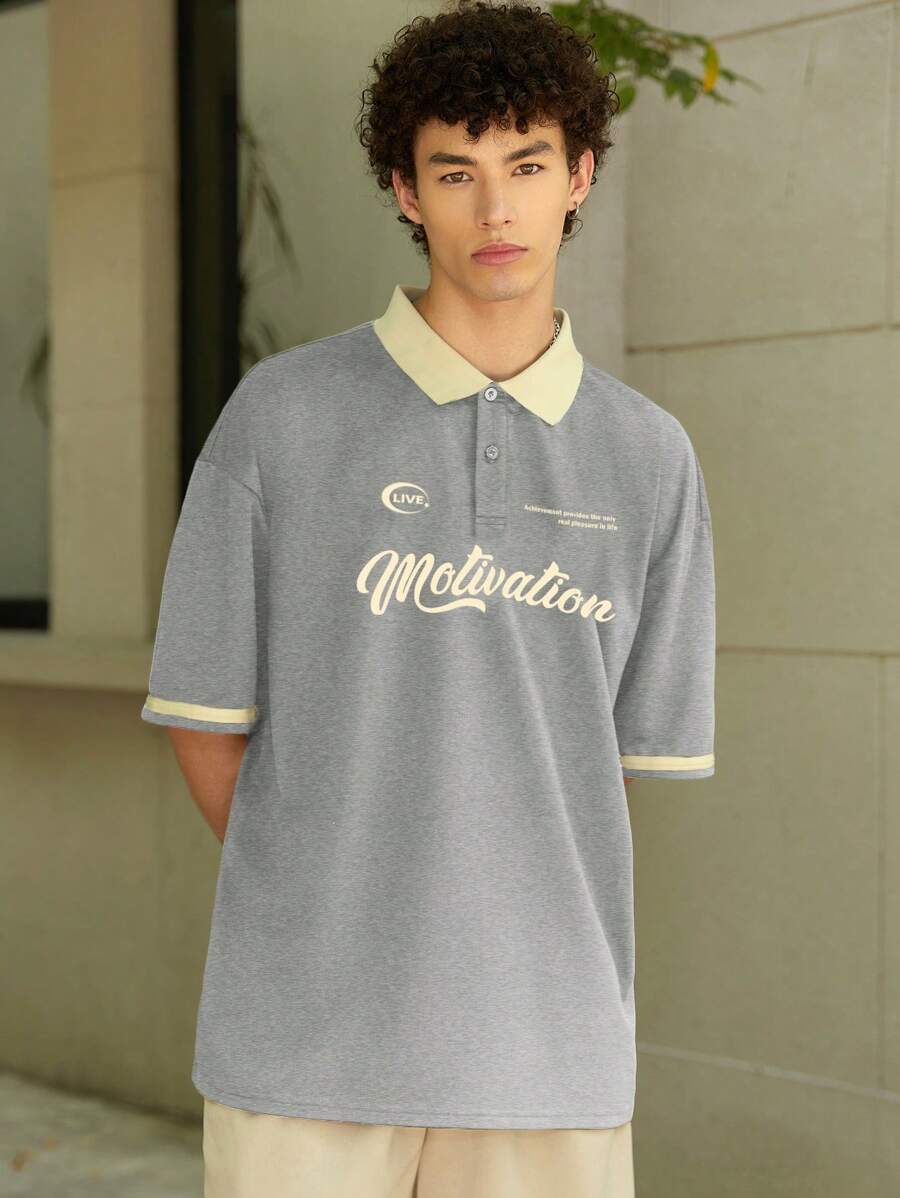 Aesthetic Post Áo thun polo cổ tròn in họa tiết chữ cho nam dáng rộng, mùa hè - Màu Xám nhạt - Xem 1