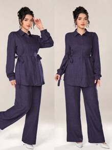 Graceveil 2pcs Women Casual Solid Color Texture Button Front Top And Pants Set, Autumn 2 Pieces Set Modest Fall Cloth For Women - Purple - View 1