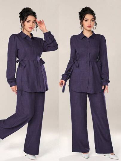 Graceveil 2pcs Women Casual Solid Color Texture Button Front Top And Pants Set, Autumn 2 Pieces Set Modest Fall Cloth For Women