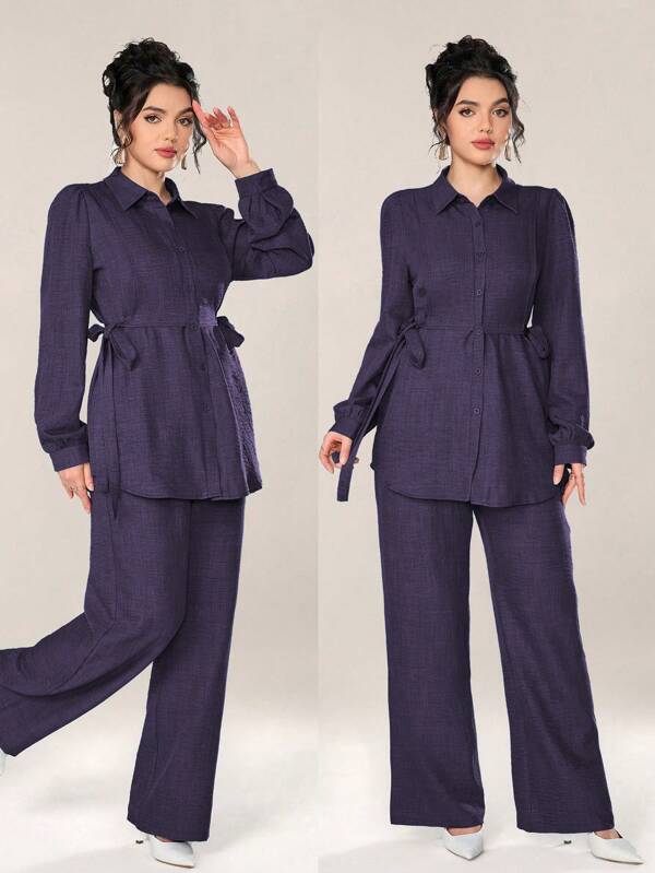 Graceveil 2pcs Women Casual Solid Color Texture Button Front Top And Pants Set, Autumn 2 Pieces Set Modest Fall Cloth For Women