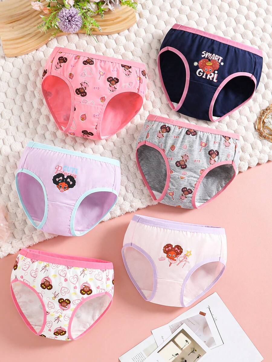 6pcs/Pack Young Girl Cotton Cute English Hearts, Bowknots & Magic Wand Printed Underwear - Multicolor - View 1