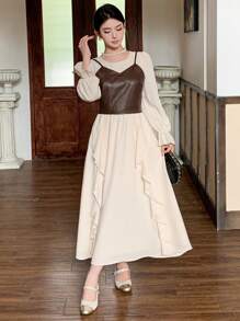 DAZY 2pcs/Set Women's Solid Color Spaghetti Strap Simple PU Blouse And Round Neck Long Sleeve Ruffle Hem Simple Dress, Autumn/Winter ,New Year Eve,Fall Women Clothes - Khaki - View 10