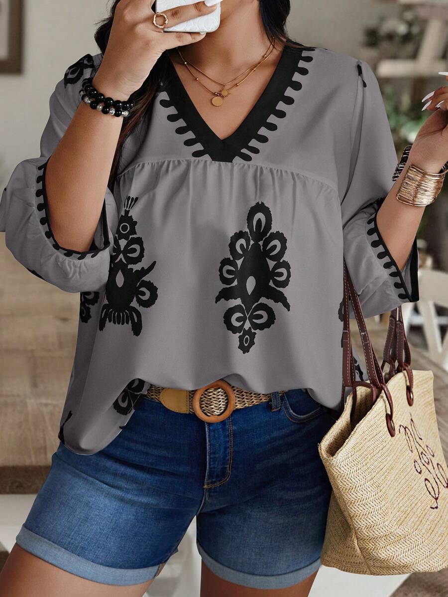 SHEIN Holidaya 大码纯色拼布长袖印花休闲衬衫，随机印花设计 - 淡紫色 - 查看 1