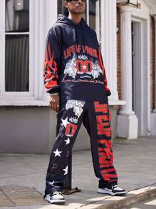 Manfinity Dauomo 2 pièces/Set Sweat-shirt et pantalon noirs graphiques pour hommes, style de rue hiphop