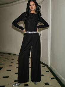 Poéselle 女士优雅通勤直筒裤，亮片拼接 - 黑色 - 查看 5