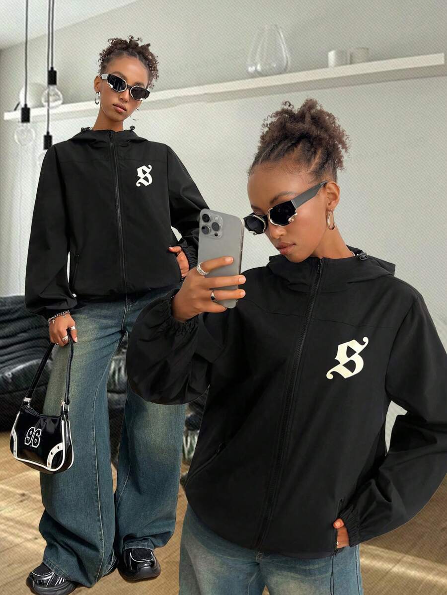 SHEIN EZwear 女士纯色前拉链长袖印花连帽夹克,休闲 - 黑色 - 查看 1