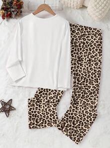 女童豹纹休闲舒适两件套 - 长袖上衣和长裤家居服 - 白色 - 查看 2