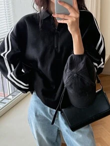 DAZY 女式马球领半襟休闲运动风格撞色拼接宽松运动衫 - 黑色 - 查看 3