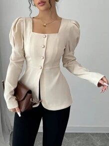 Elenzga Women's Elegant Party & Work Solid Color Square Neck Button Up Puff Sleeve Fitted Long Sleeve Blouse, Spring/Autumn Women Shirt