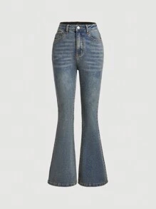 Teen Girl Fashion Versatile Washed Oblique Pocket Flared Jeans - Dark Wash - View 1