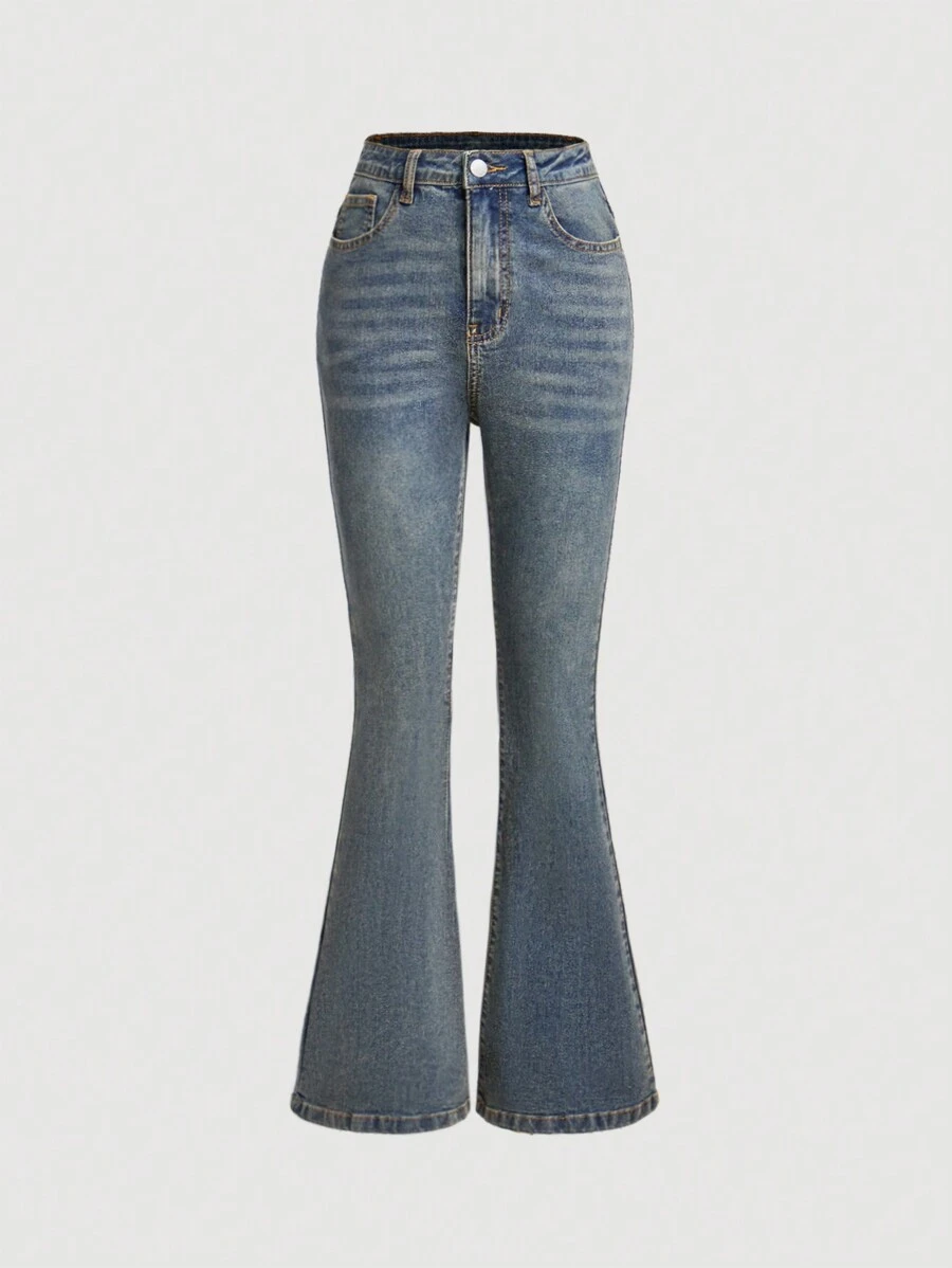 Teen Girl Fashion Versatile Washed Oblique Pocket Flared Jeans - Dark Wash - View 1