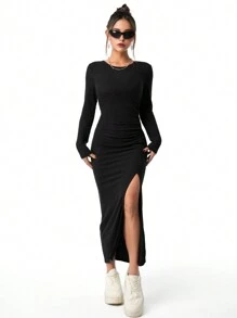 Elegant Casual Black High Slit Long Dress, Pleated Velvet Fabric, Suitable For Family Gathering, Autumn/Winter, Teenage Girls