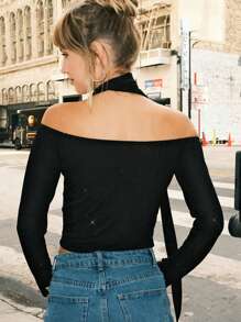 SHEIN EZwear 女士露肩长袖时尚修身优雅迷人纯黑色 T 恤秋冬季