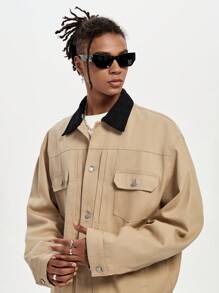 Manfinity VCAY Áo khoác dài tay dệt rộng rãi và áo khoác ngoài cho nam, áo khoác kaki đi bộ đường dài cổ điển nhiều màu, quà tặng cho bạn bè, chồng, bạn trai, cho mùa thu đông - Màu Khaki - Xem 6