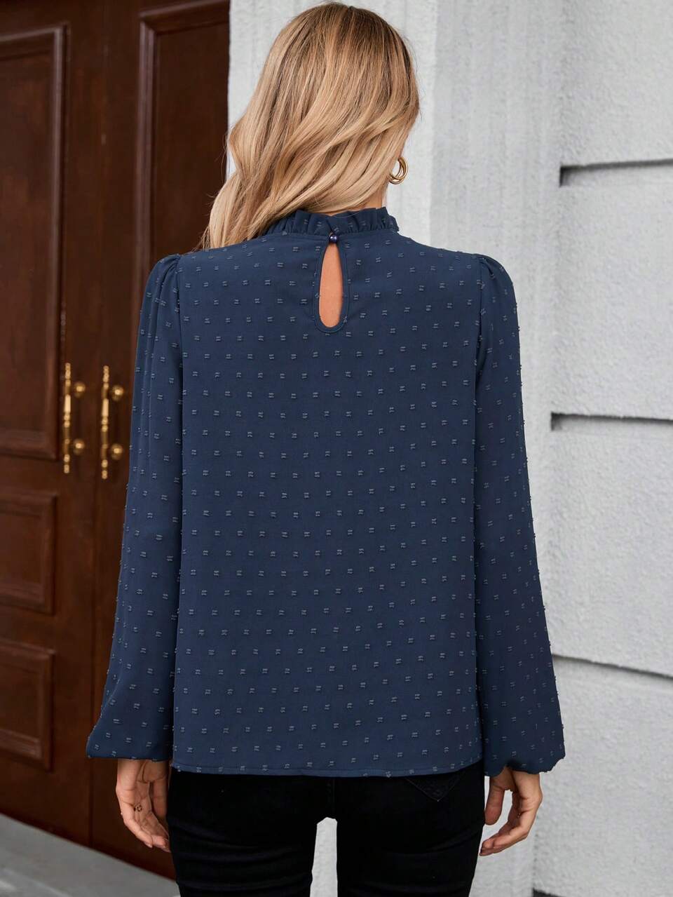 Women's Solid Color Stand Collar Ruffled Long Sleeve Shirt