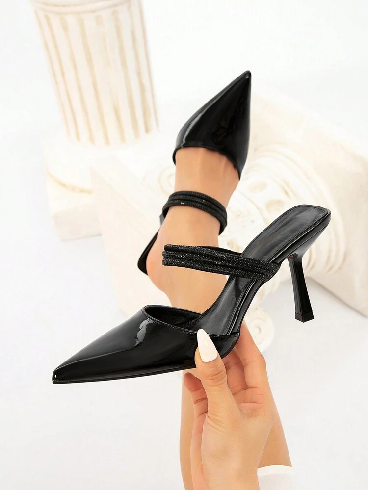 CUCCOO CHICEST Commuting Elegant Daily Demeanor Black Patent Leather Crystal Embellished Pointed Toe High Heels For Christmas And New Year Holiday Vibe Fall And Winter