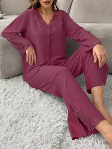 Women Lace Trim Buttoned Front Sleepwear Set With Shoulder And Sleeve Panel - Burgundy - View 6