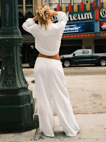 Easelle Women's Solid Color Minimalist Daily Wear Long Sleeve Top & Pants Set With Straps - White - View 2