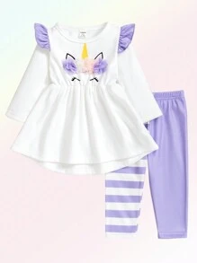Baby Girls Set With 3D Unicorn Print Ruffle Top And Striped Pants, Autumn/Winter Outfit - Purple - View 1