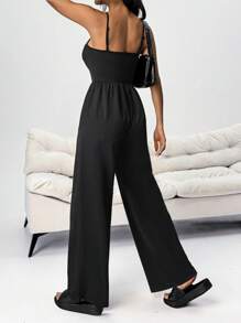 SHEIN PETITE 1 件休闲连体裤，配阔腿裤，无袖，阔腿风格 - 黑色 - 查看 2