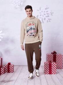 THE POLAR EXPRESS X SHEIN Men Graphic Print Hoodie & Pants Set, For Christmas - Khaki - View 3