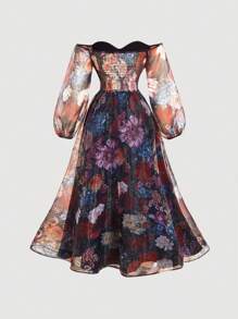 SHEIN MOD Plus Size Vintage Romantic Floral Off Shoulder Long Sleeve High Slit Dress, Suitable For Palace/Ball Gowns - Multicolor - View 2