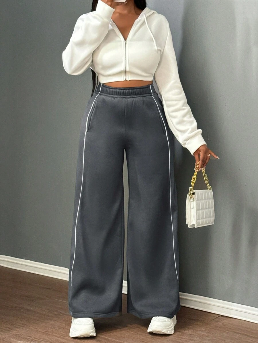 Slaydiva Quần ống rộng đơn giản, giản dị, thể thao màu khối đơn giản dành cho nữ - Xám - Xem 1