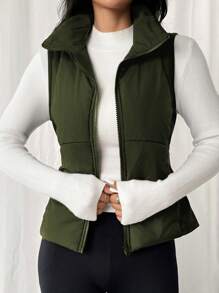 SHEIN EZwear Women Casual Solid Color Zip-Up Padded Vest In Fall/Winter - Army Green - View 1