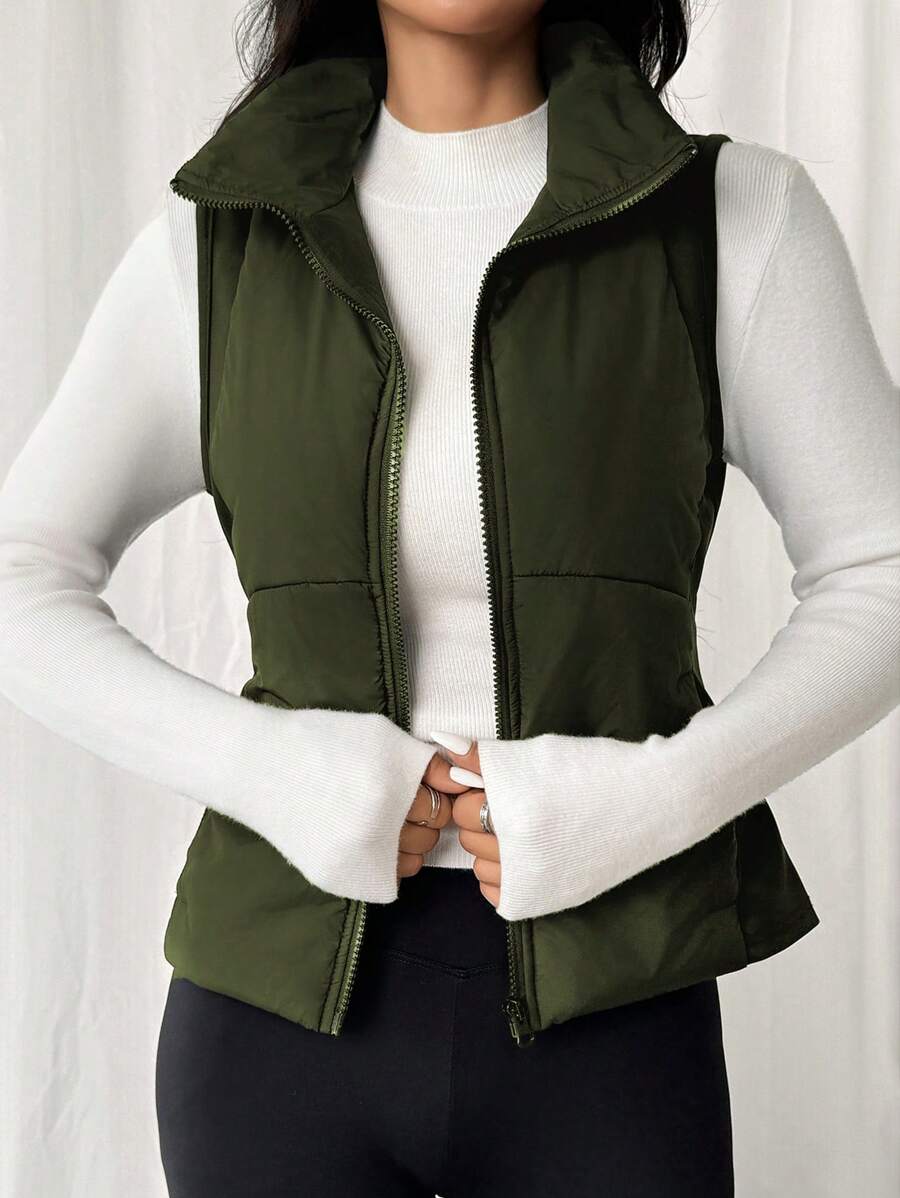 SHEIN EZwear Women Casual Solid Color Zip-Up Padded Vest In Fall/Winter - Army Green - View 1