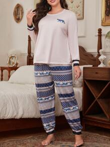 Vintage Floral & Leopard Print Knit Long Sleeve Plus Size Pajama Set
