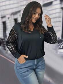 SHEIN LUNE 大码女式连帽镂空长袖套头卫衣 - 黑色 - 查看 3