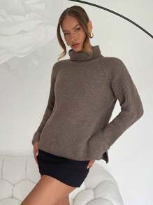 Chiquease Women's Solid Color Long Sleeve High Neck Basic Split Hem Sweater, Casual Daily Wear, Knit Pullover Fall Winter - Brown - View 3