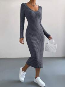 SHEIN Essnce Đầm midi dáng ôm cổ chữ V tay dài màu trơn cho nữ, mùa thu - Màu xám đen - Xem 3