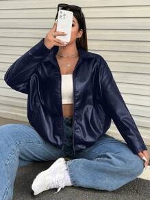 SHEIN EZwear 秋季大码女式纯色长袖 PU 皮革宽松休闲夹克