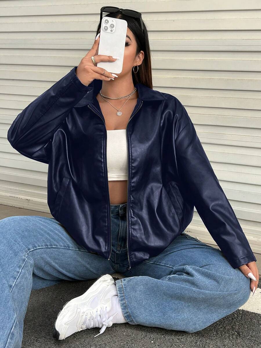 SHEIN EZwear 秋季大码女式纯色长袖 PU 皮革宽松休闲夹克