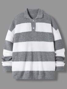 SHEIN Jersey holgado de punto de color contrastante casual para niños adolescentes, adecuado para otoño, invierno, cálido, casual, escuela, hogar, uso diario, deportes, simple y versátil