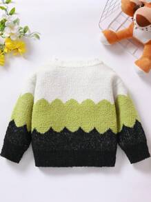 Baby Boys Multi-Color Jacquard Half-Side Fleece Warm Front Open Cardigan Sweater, Comfy & Versatile, Autumn/Winter - Army Green - View 2