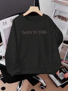 Sparklyn Tween Girl Minimalist Letter Print Crew Neck Pullover Sweatshirt For Outdoor Wear In Autumn - Black - View 4