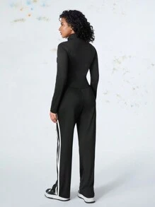 SHEIN Casual Women Zip Closure Contrast Color Jacket And Pants Suit Set - Black - View 7
