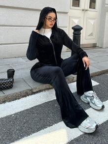 Flirla Plus Size Women 2 Pieces Set, Includes Solid Color Casual Y2k Velvet Zip-Up Cropped Top And Flared Pants, Sports Outfit - Black - View 8